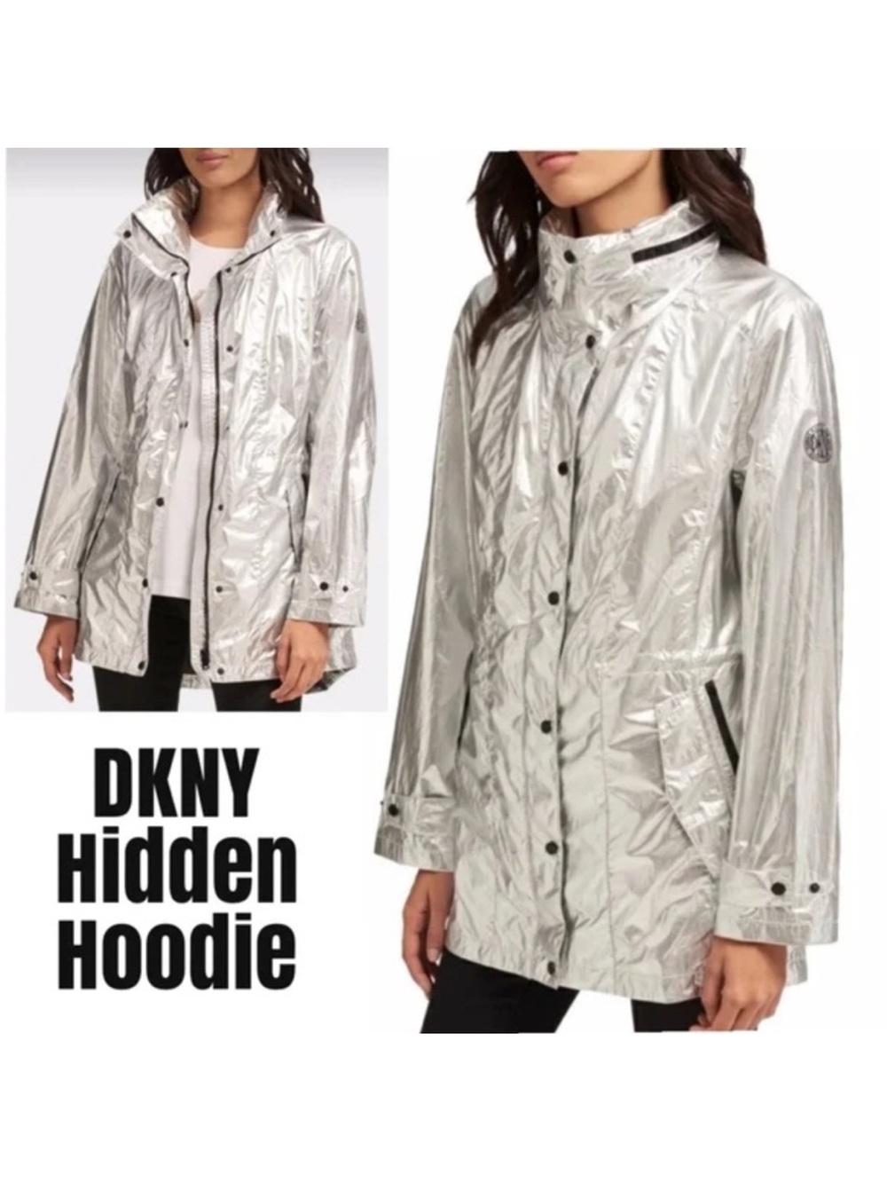DKNY Silver Metallic Hooded Anorak Lightweight Windbreaker Rain Jacket XS - Picture 2 of 12